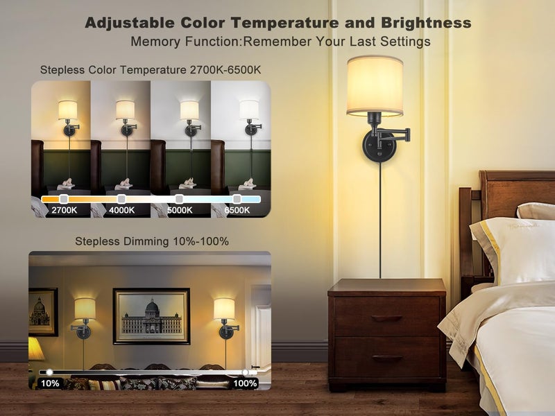 GOODATE Plug in Wall Sconces with Remote Control, Dimming 10%-100% & Adjustable Colors 2700K-6500K, Hardwire or Plug-in, Swing Arm Wall Lamp with White Fabric Shade, Wall Sconces Set of Two, Black Finish - Image 2